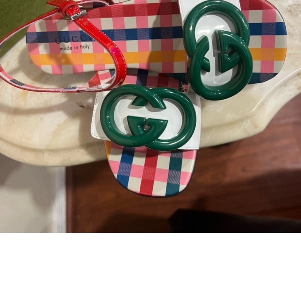 Gucci Kids Multicolor Plaid Sandals with Green Interlocking G